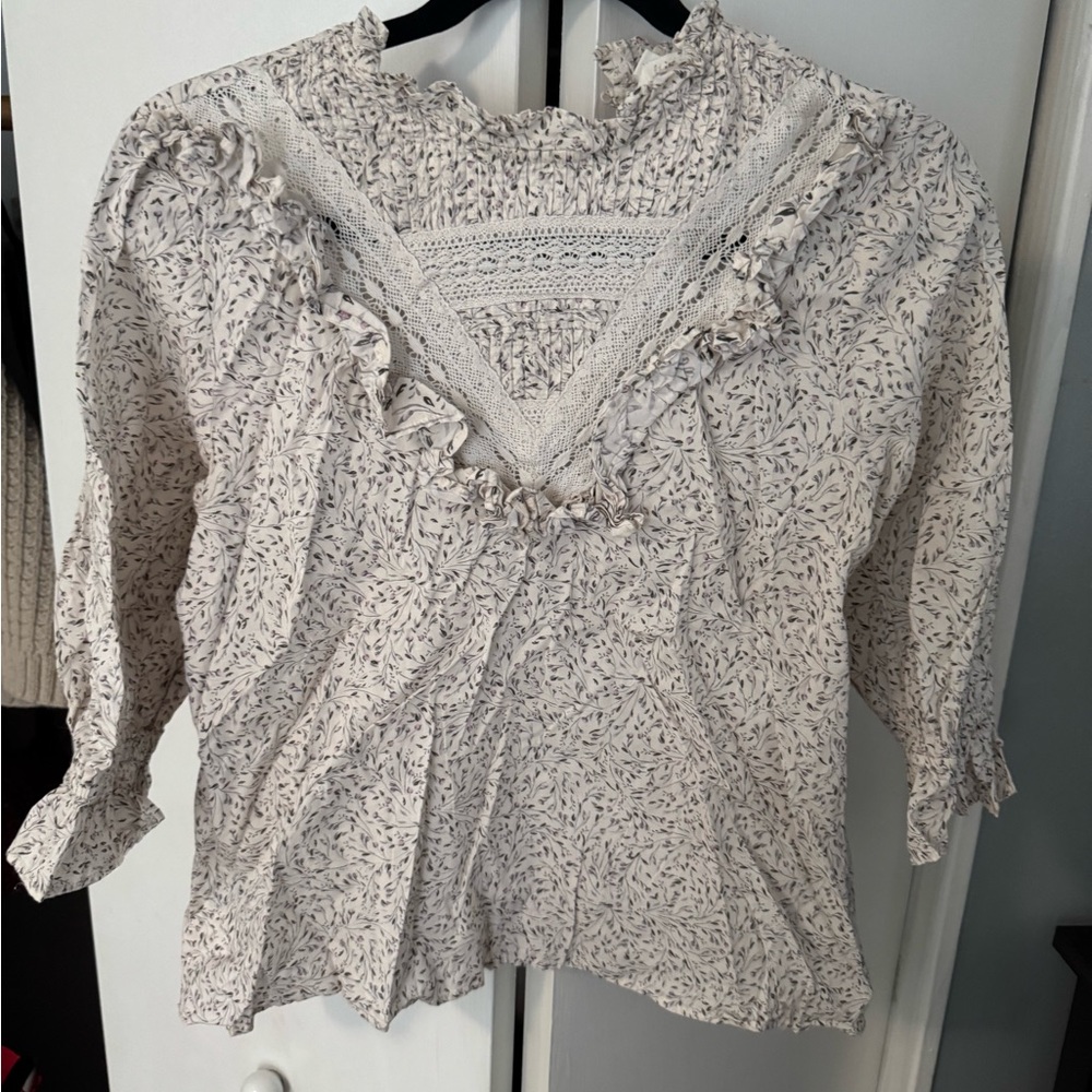 Floral Lace  Cottage Core Trim Blouse